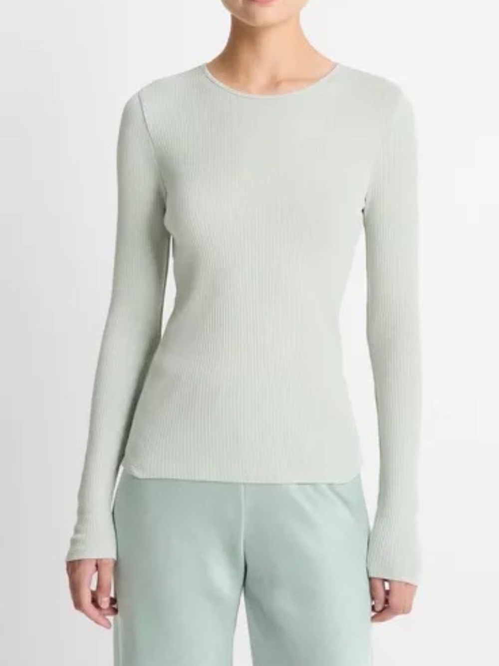 NEW! Vince Ribbed Pima Cotton Long-Sleeve T-Shirt Green Light Aloe Stone S $148